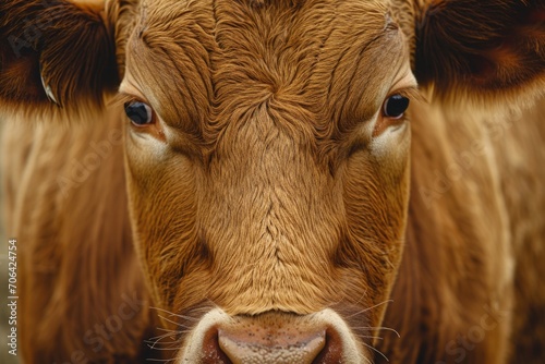 A detailed view of the face of a brown cow. This image can be used to showcase the beauty and uniqueness of cows in agricultural or nature-related projects