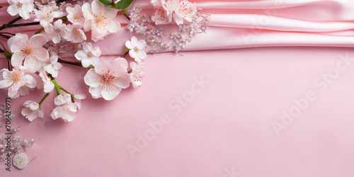 bouquet of flowers,Spring almond blossom flowers and petals over light pink background,A pink wall with a pink background with a branch that has white flowers on it.Almond blossoms bouquet on pink  photo