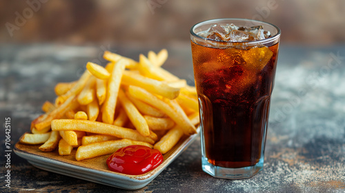 french fries and glass of coke. diner, american lunch, fast food, junk food. ketchup. cafe or restaurant menu ad.