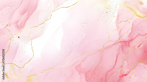 Abstract dusty blush liquid watercolor background with golden cracks. Pastel pink marble alcohol ink drawing effect. Vector illustration design template for wedding invitation photo
