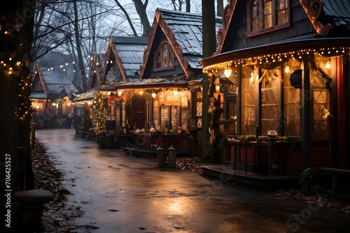 Winter in the city. Wooden houses in the winter in the evening. © I