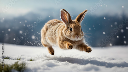 A brown rabbit running alone through a snowy forest. a snowy midwinter landscape. Generative Ai
 photo