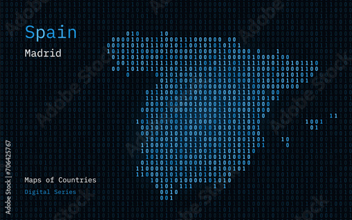 Spain Blue Map Shown in Binary Code Pattern. Matrix numbers, zero, one. World Countries Vector Maps. Digital Series	