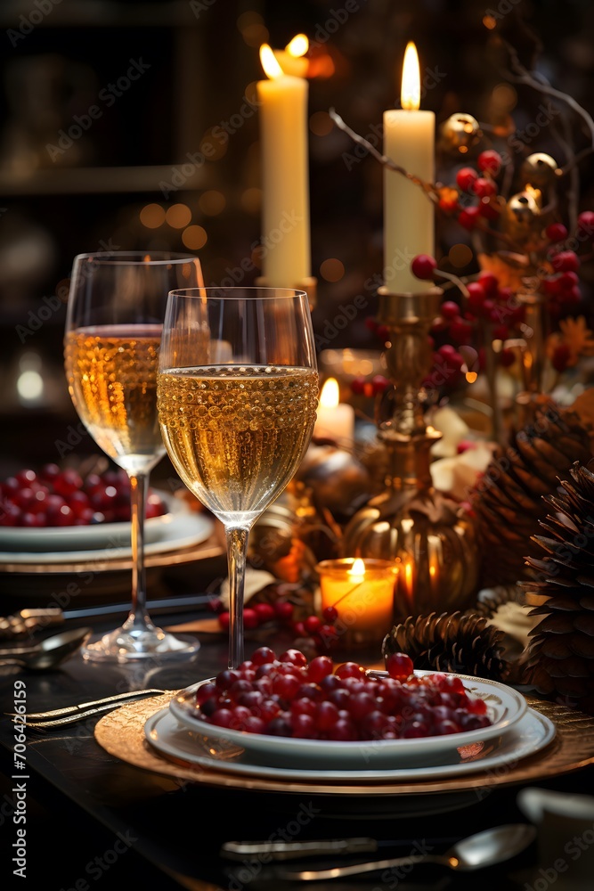 Festive Christmas table setting with wine, berries and candles. Selective focus.