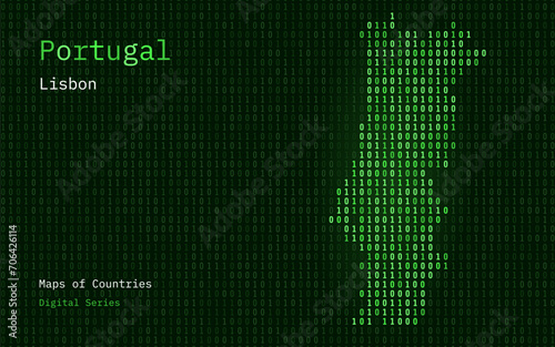Portugal Green Map Shown in Binary Code Pattern. Matrix numbers, zero, one. World Countries Vector Maps. Digital Series 