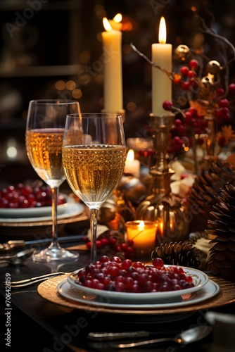 Festive Christmas table setting with wine, berries and candles. Selective focus.