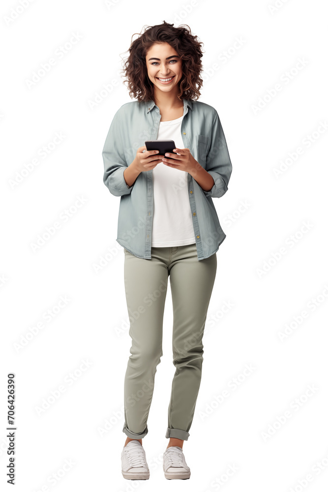 A female in casual outfit holding a smartphone Isolated A female in casual outfit holding a smartphone Isolated