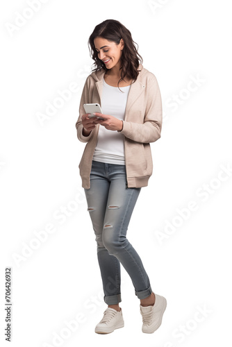 A female in casual outfit holding a smartphone Isolated