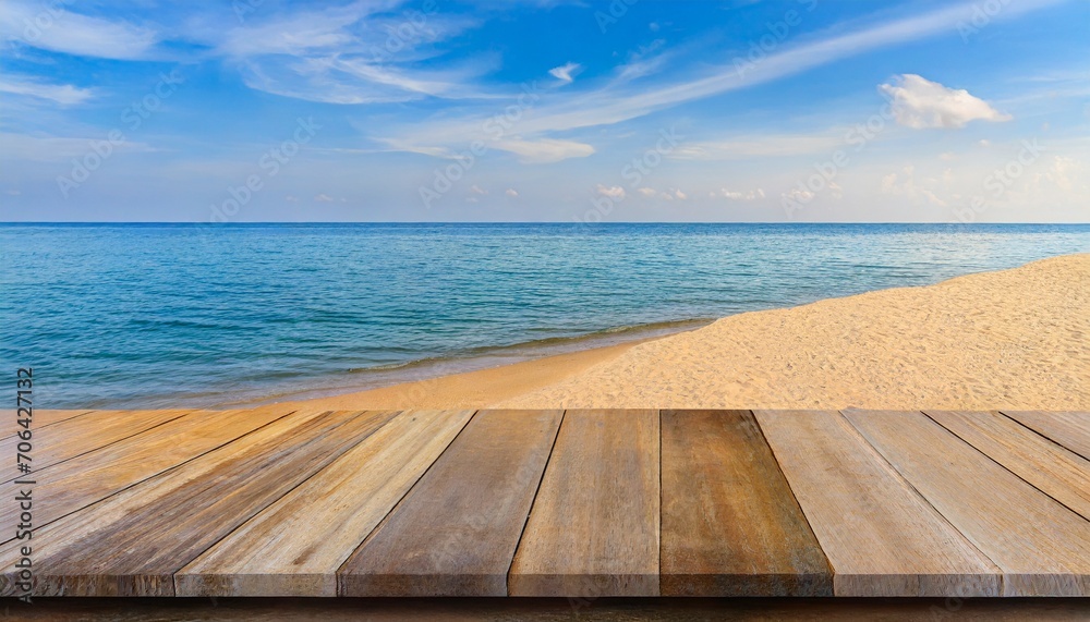Sandy Serenity: Wooden Plank on Beach as a Perfect Backdrop for Product Display