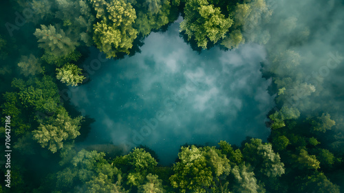 Top view of a water lake in the fog on cloud above green trees framed by fog and forest © nettspring