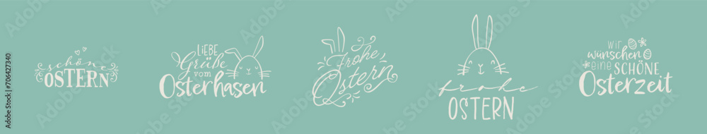 Collection of lovely hand drawn easter greetings with text in german "Happy Easter" cute hand drawn bunnies, eggs and decoration - vector design - obrazy, fototapety, plakaty 