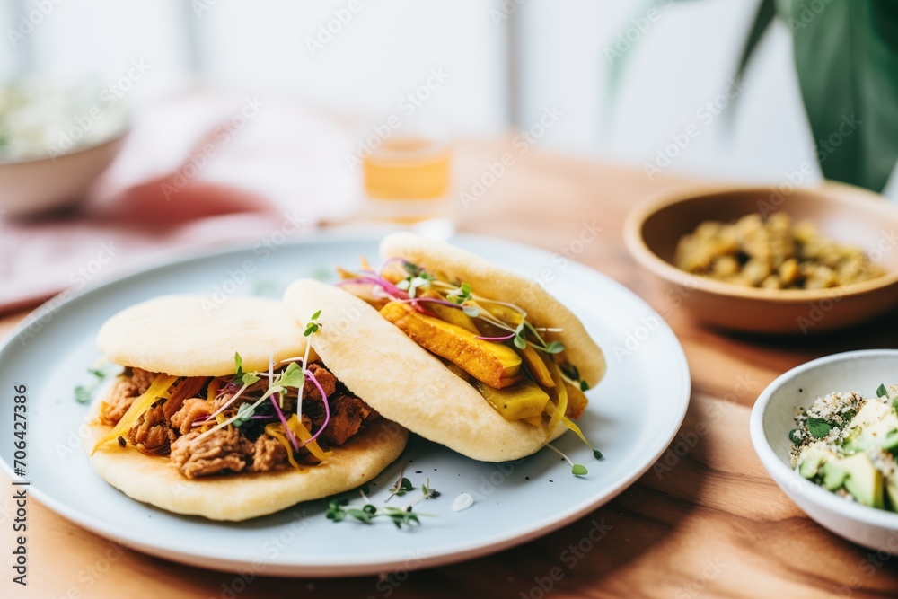 vegan arepa with beans and plantains inside