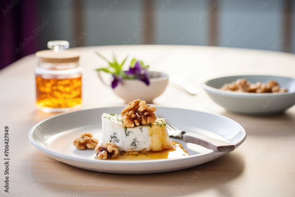 individual camembert portion with a side of fig jam and walnuts individual camembert portion with a side of fig jam and walnuts