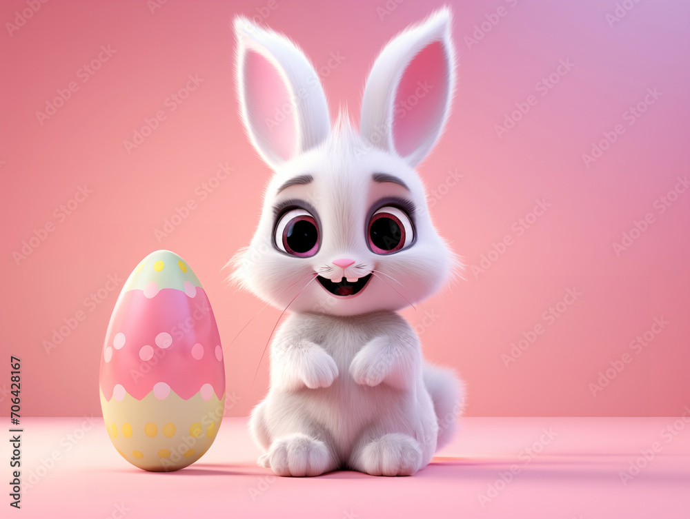 Easter bunny on pink background next to the easter egg Easter bunny on pink background next to the easter egg