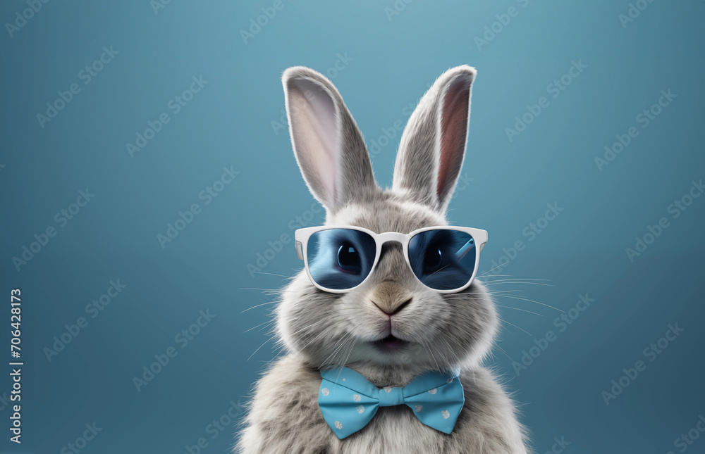 Easter bunny wearing sunglasses on blue and green background
