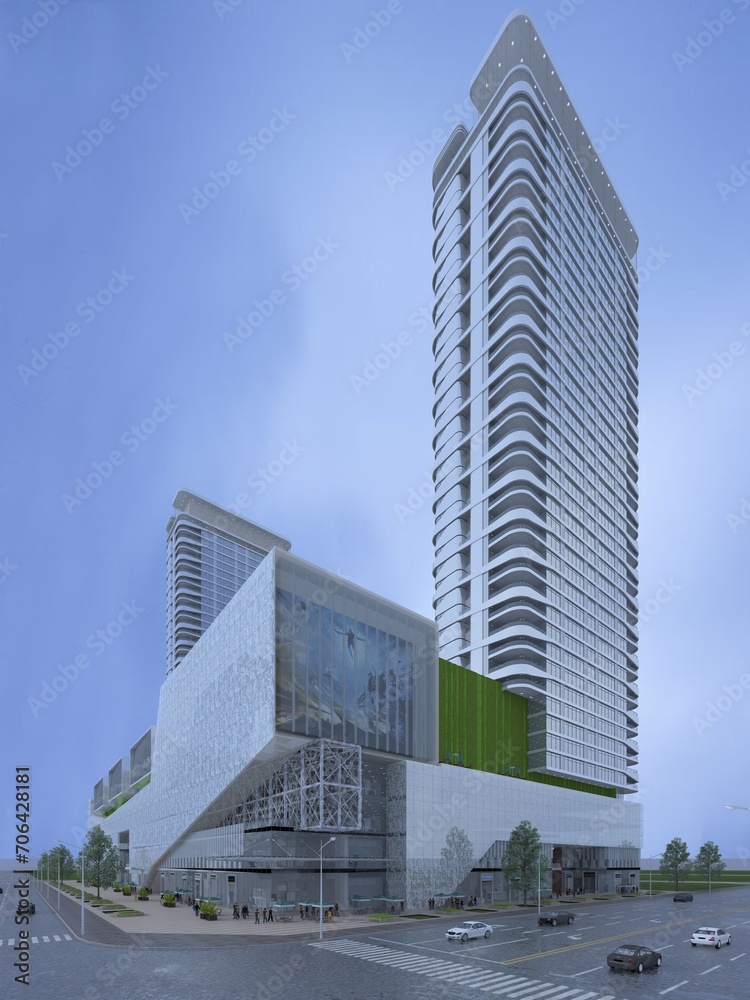 3d render of skyscrapers and shopping mall exterior