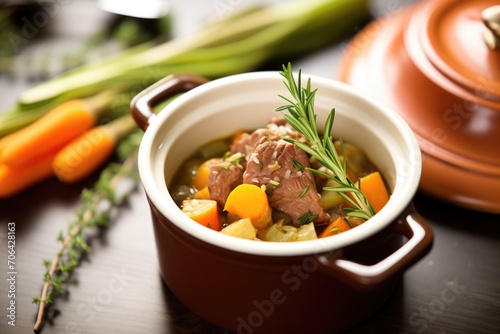 individual serving of beef stew in mini cocotte, oven background