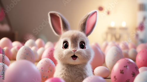Easter bunny among pink easter egg © gpointstudio
