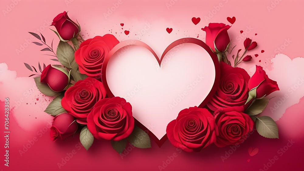 red hearts on the right on a pink background with a free space in the middle and red roses on the left on a pink background red hearts on the right on a pink background with a free space in the middle and red roses on the left on a pink background