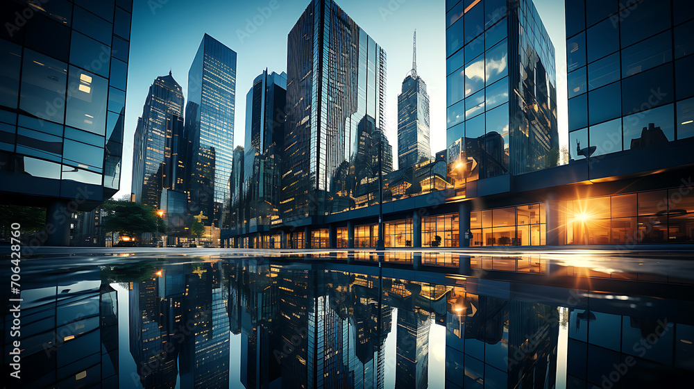 Low angle view of skyscrapers, hyperrealistic