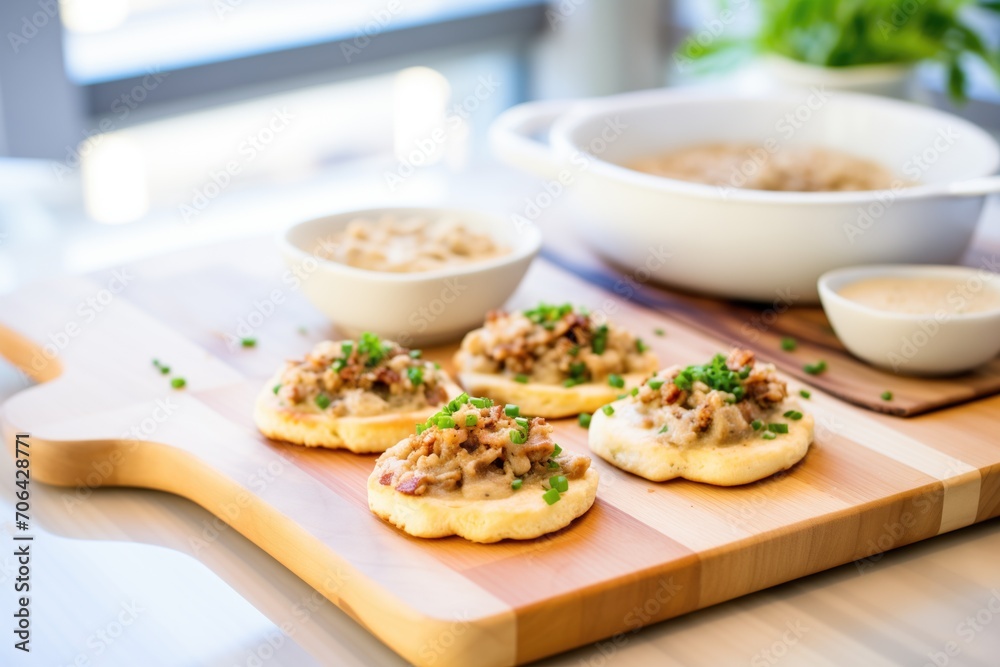 biscuits on a board with a bowl of hearty sausage gravy