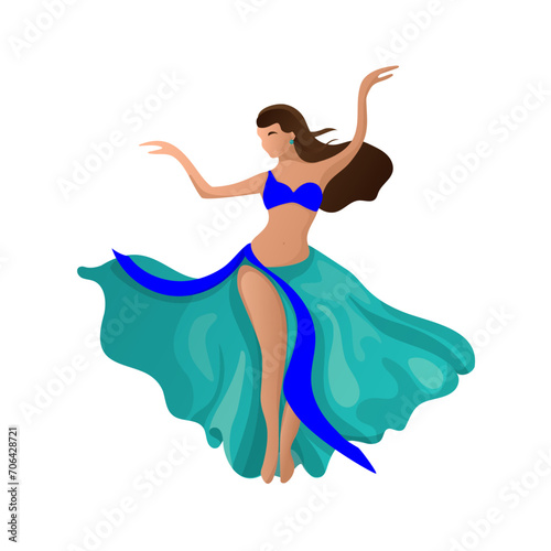 The girl dances oriental. Dancer in oriental costume with fluffy long skirt