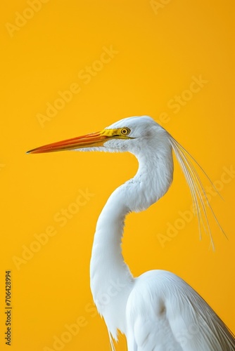 A picture of a white bird with a long orange beak. Can be used for nature, wildlife, or bird-related themes
