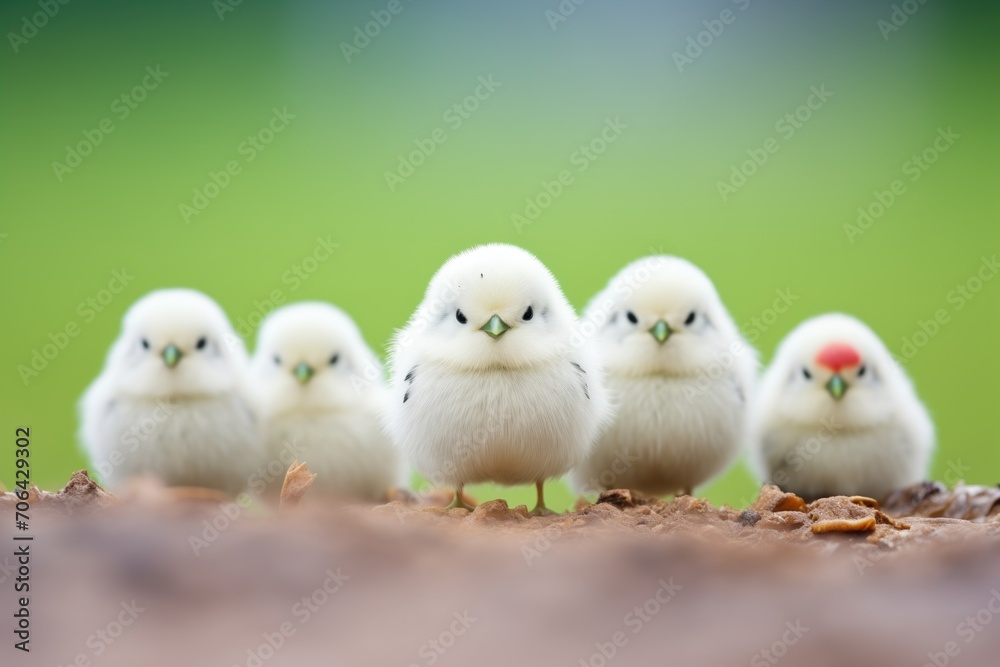 white budgerigar standing out in a group of greens