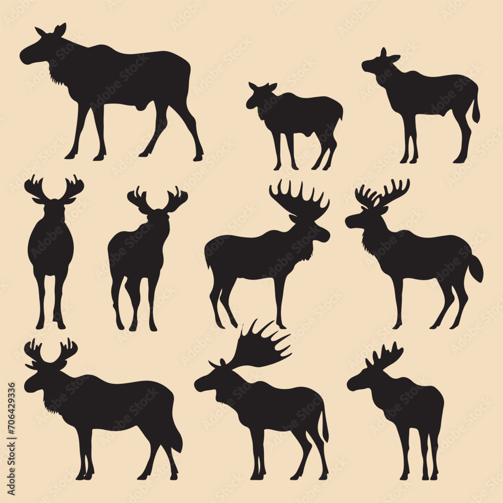 Moose set black silhouette Clip art