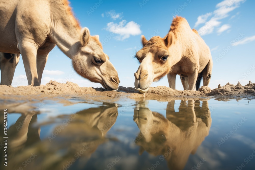 camels drinking from a scarce desert water hole camels drinking from a scarce desert water hole