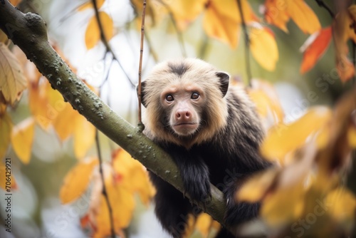 capuchin amidst autumn leaves in tree photo