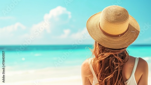 Rear view of a woman with a straw hat gazing at the ocean