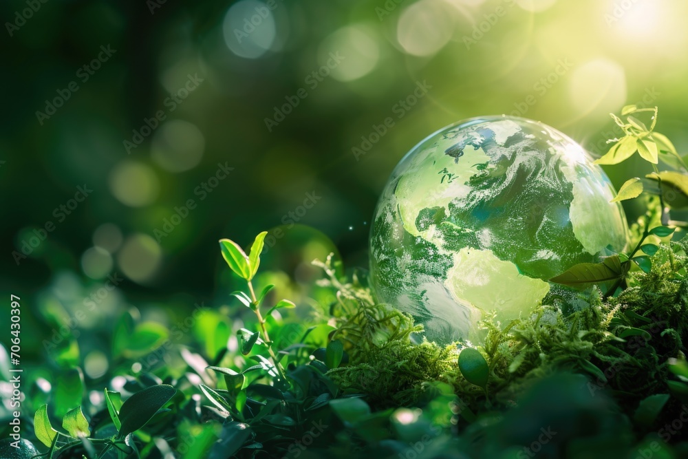 A glass globe placed on a vibrant green field. Perfect for depicting concepts of nature, environment, and global connections A glass globe placed on a vibrant green field. Perfect for depicting concepts of nature, environment, and global connections