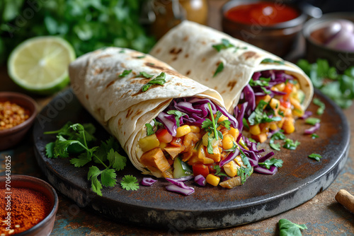 Wraps with marinated jackfruit maize red cabbage.