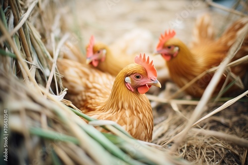 cluster of hens laying in straw photo