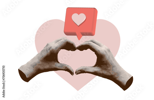 Happy Valentine's day card. Hands making heart shape with 3d like message. Contemporary art collage for Valentine's Day decoration. Vector illustration. Modern design with cut out halftone arms.