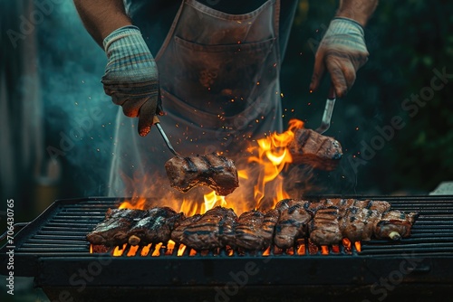 A man is cooking meat on a grill. This picture can be used to depict outdoor cooking or barbecue activities