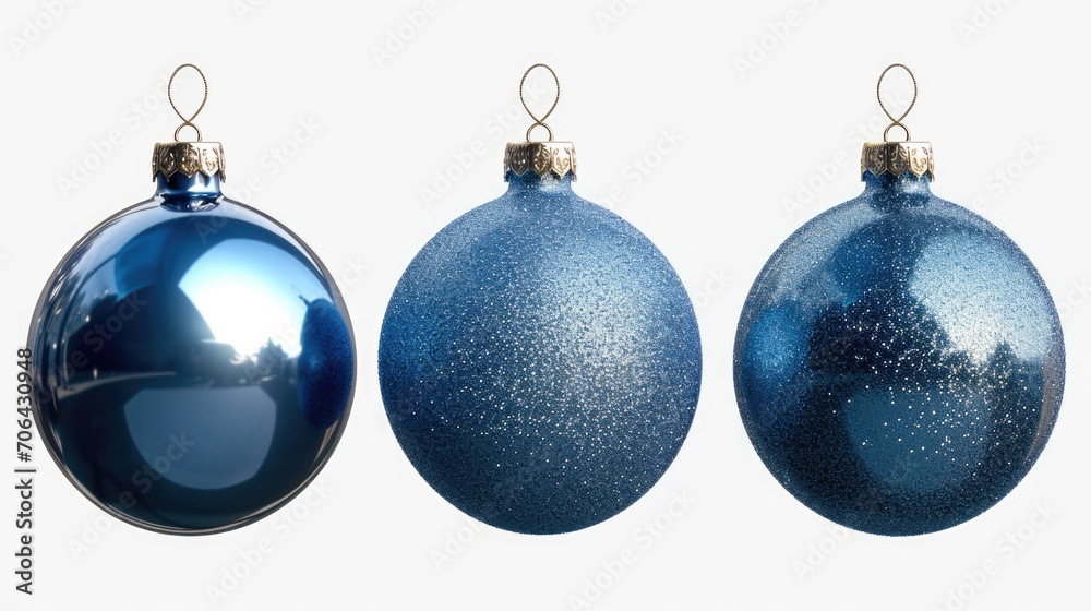 Three blue Christmas ornaments hanging on a string. Perfect for festive decorations