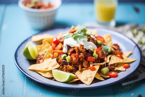 chili con carne nachos with melted cheese and sour cream