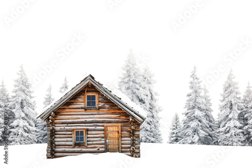 Wooden Log Cabin in a Snowy Forest isolated on transparent background © Rehab
