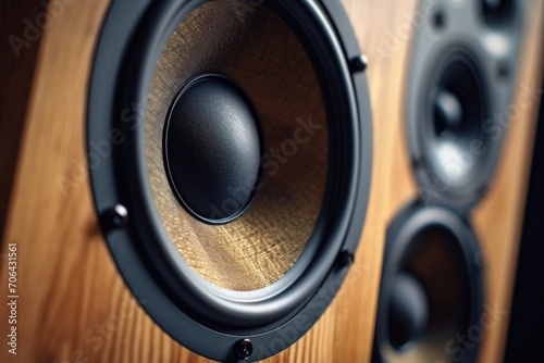 Speakers sitting on a wooden table. Versatile image for showcasing audio equipment or creating a music-themed design