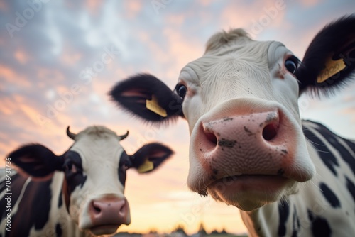 dairy cows close up with evening sky colors photo