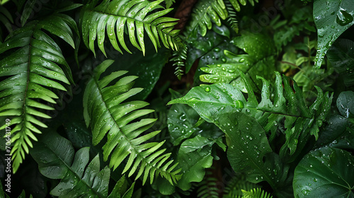 Primer plano de Hojas de helecho en la naturaleza verdes. Textura de follaje verde en la selva. photo