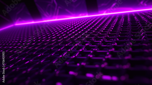 Background of beveled mesh texture in dark with purple neon lights.
