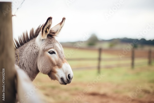 single donkey with perked ears near a farm fence