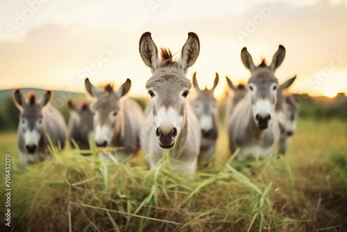 donkey herd with ears up in rural setting