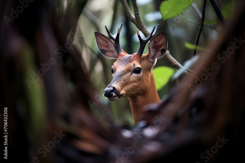 red duiker camouflaged in a thicket photo