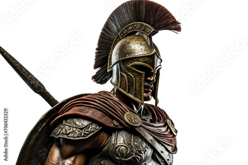 Bronze statuette of the Roman war greek Sparta type helmet roman warrior Warrior wearing iron helmet and warrior old metal shield. Ancient warrior isolated on white background photo