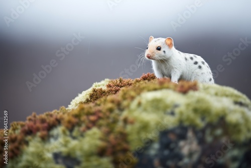 ermine perched on a rock with lichen