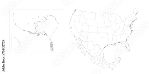 Political map of United States and Mexico with administrative divisions. Thin black outline map with countries and states name labels. Vector illustration